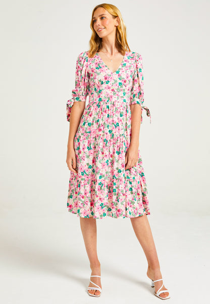 Tiered Floral Midi Dress in Pink - ANGELEYE