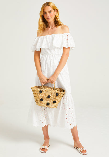 White Broderie Midaxi Bardot Dress - ANGELEYE