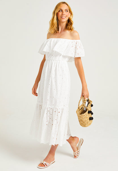 White Broderie Midaxi Bardot Dress - ANGELEYE