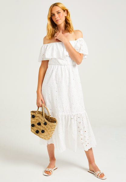 White Broderie Midaxi Bardot Dress - ANGELEYE