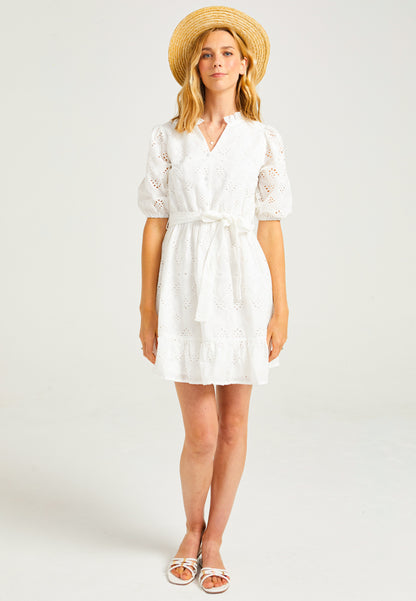 White Broderie Mini Skater Dress - ANGELEYE