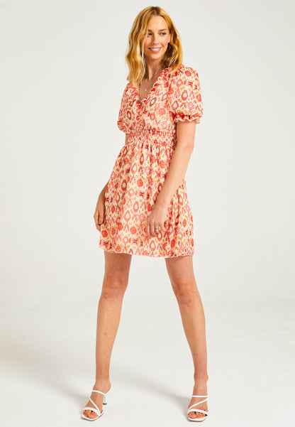 Frill Detail Mini Chiffon Dress in Abstract Print - ANGELEYE