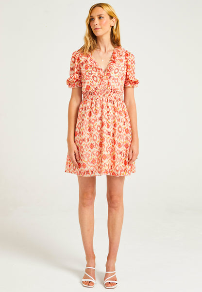 Frill Detail Mini Chiffon Dress in Abstract Print - ANGELEYE