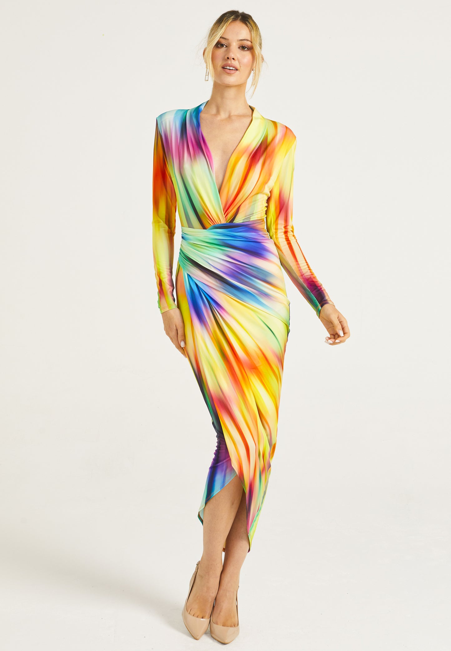 Plunge Neck Faux Wrap Print Midi Dress in Rainbow