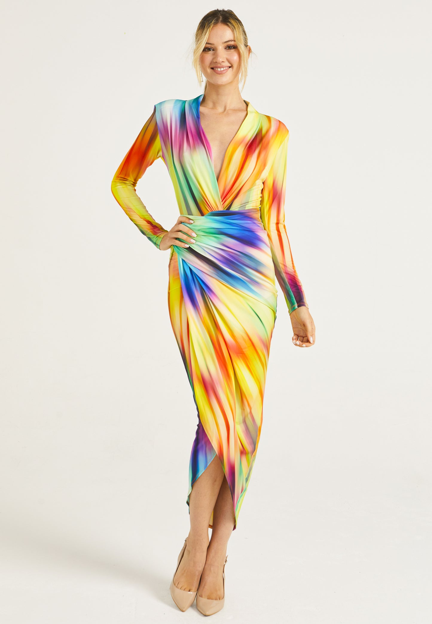 Plunge Neck Faux Wrap Print Midi Dress in Rainbow