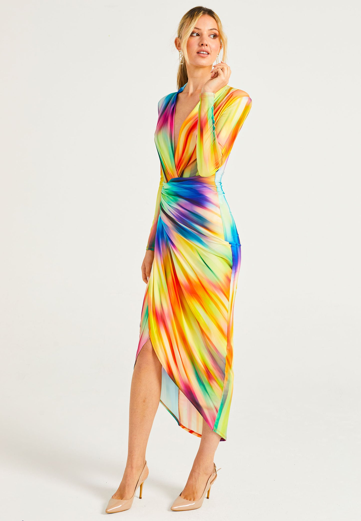 Plunge Neck Faux Wrap Print Midi Dress in Rainbow