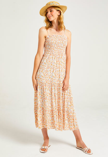 Cami Shirred Tiered Midi Dress in Ditsy Floral Print - ANGELEYE