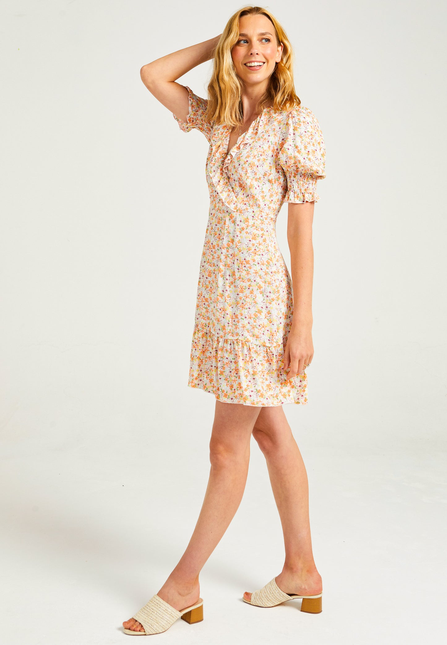 Frill Detail Mini Dress in Ditsy Floral Print