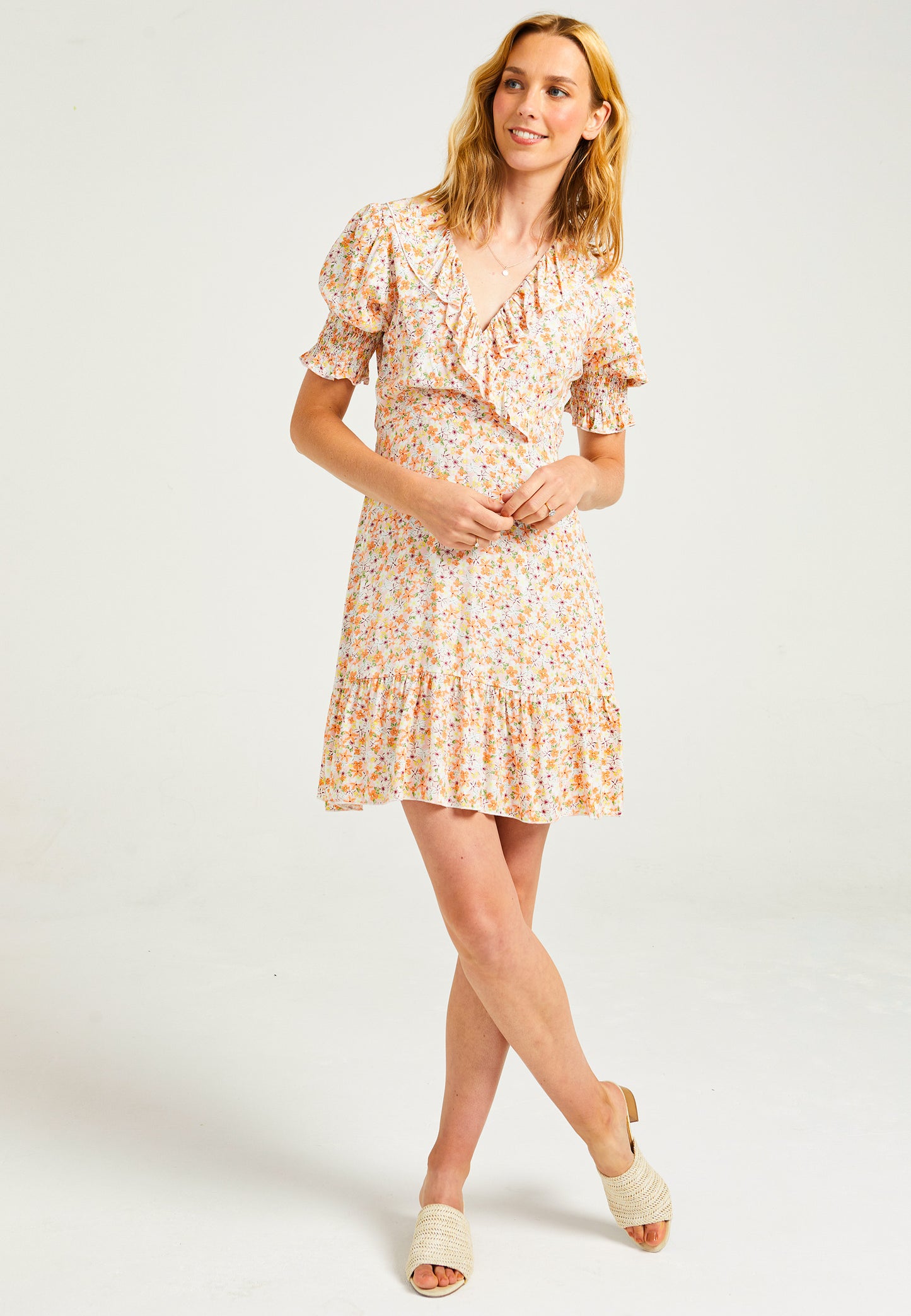 Frill Detail Mini Dress in Ditsy Floral Print