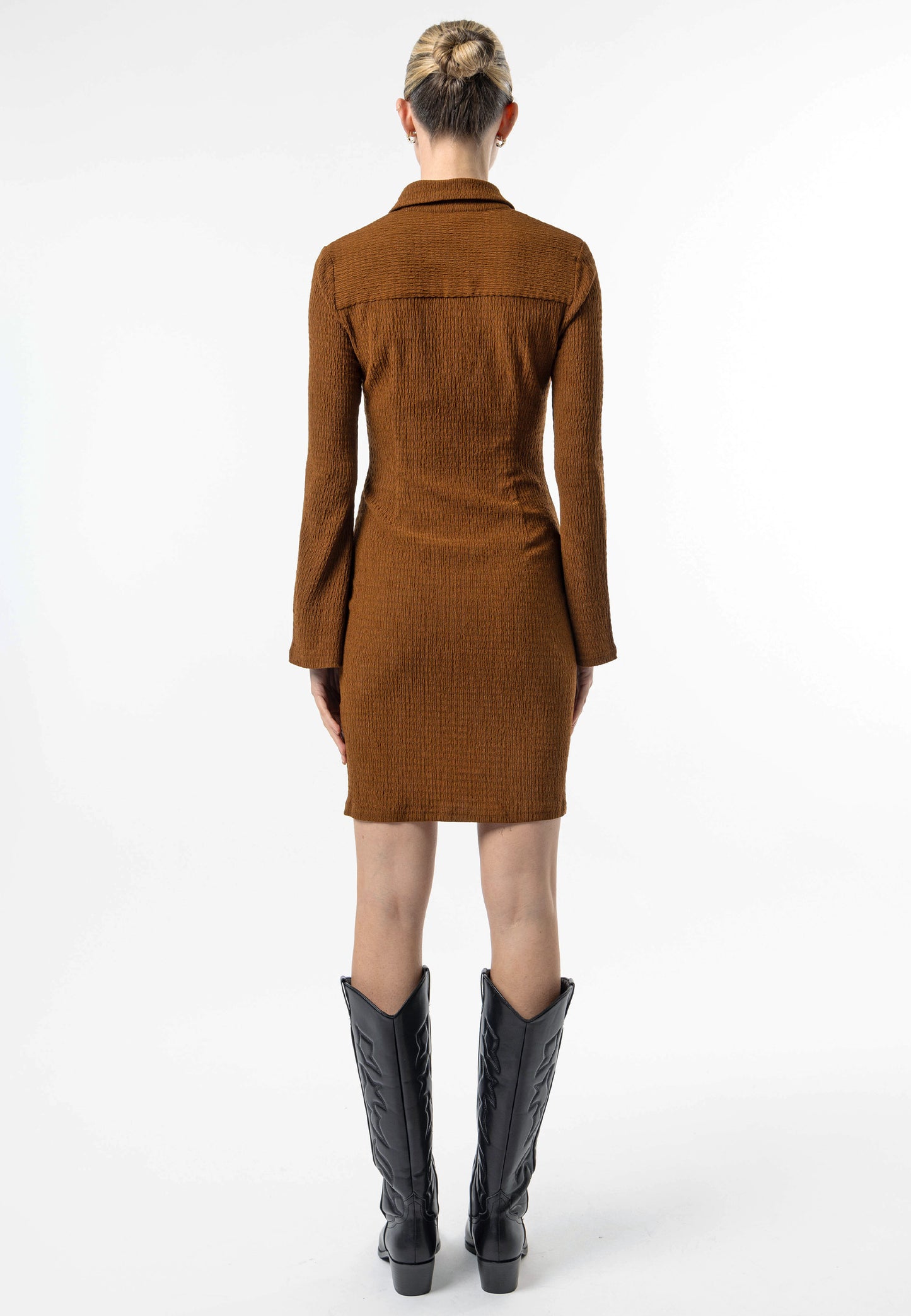 Long Sleeve Front Ruched Shirt Dress in Brown Jersey - ANGELEYE