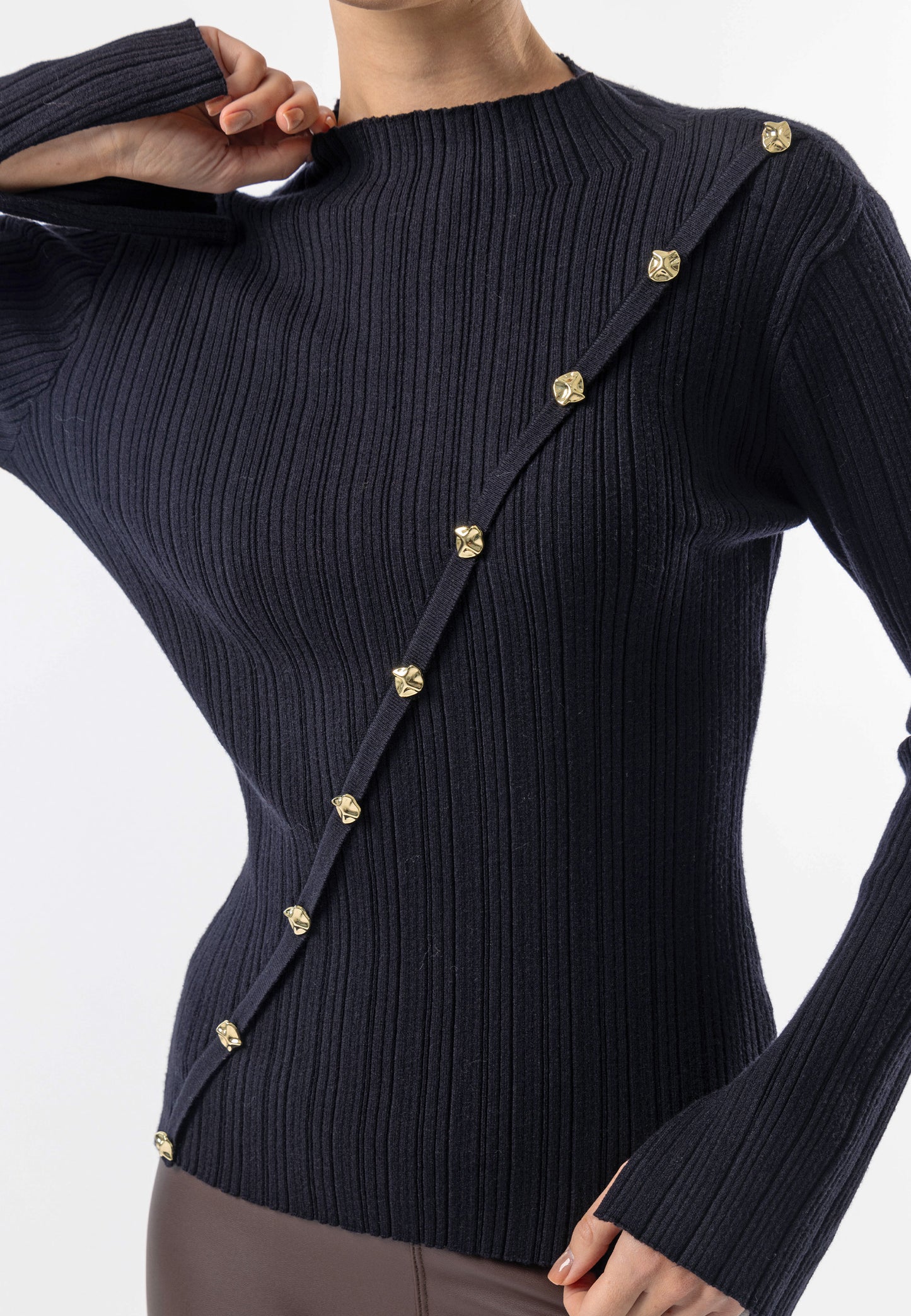 Asymmetric Gold Button Detail Top in Black