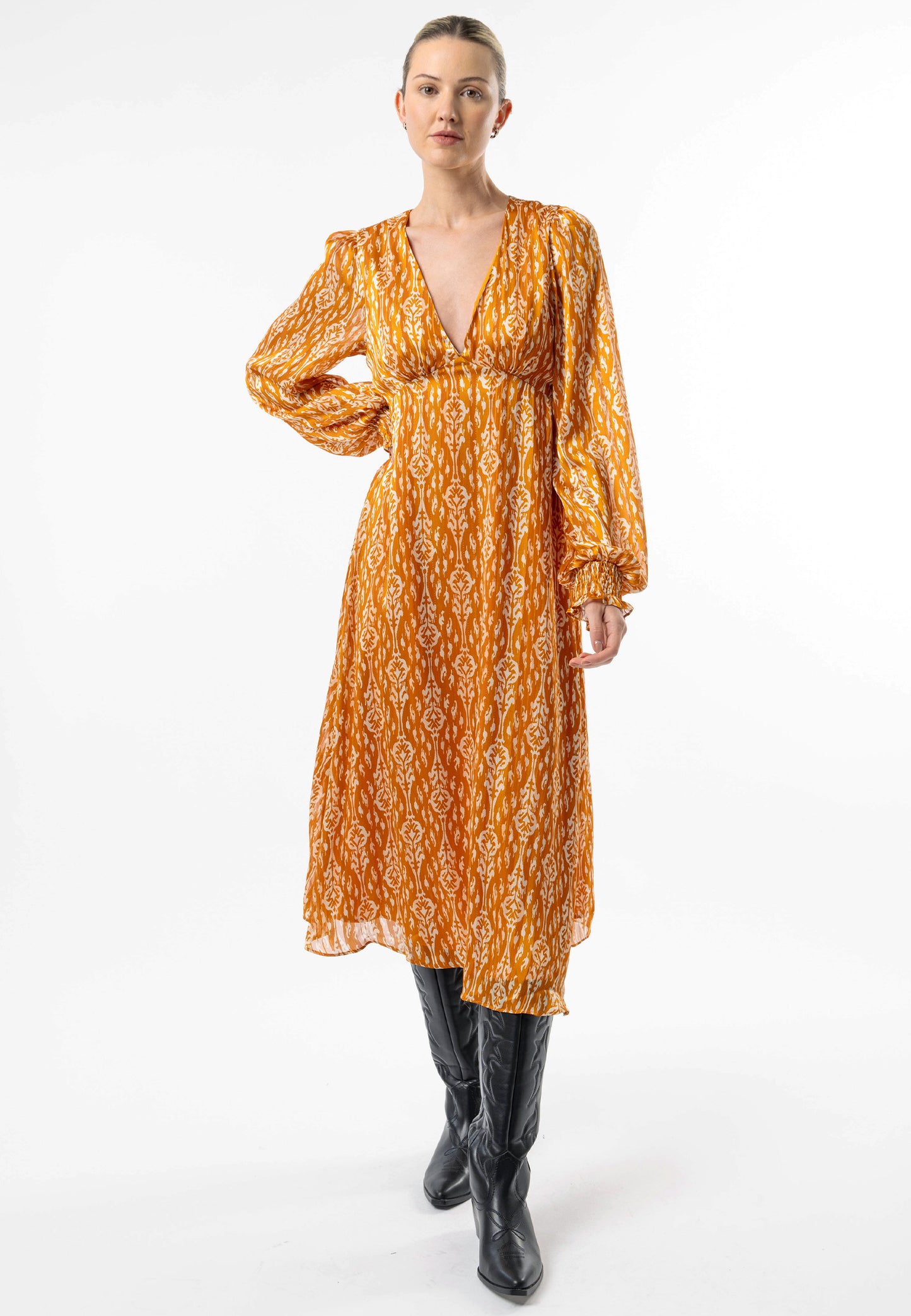 V-Neck Long Sleeve Midi Dress in Orange Print