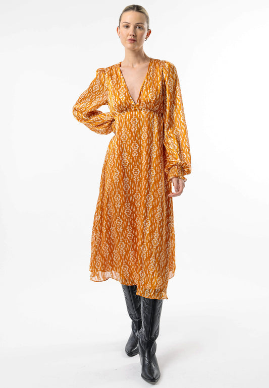 V-Neck Long Sleeve Midi Dress in Orange Print