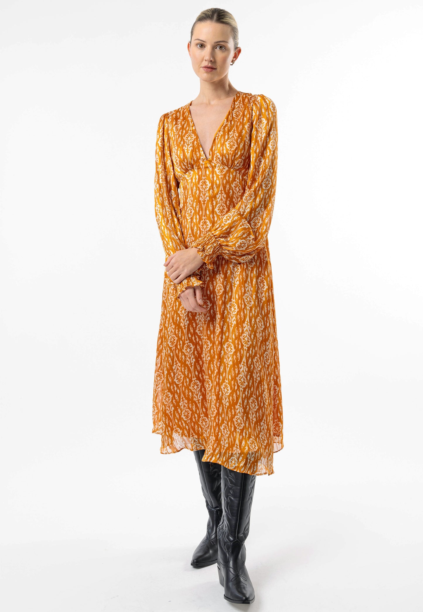 V-Neck Long Sleeve Midi Dress in Orange Print