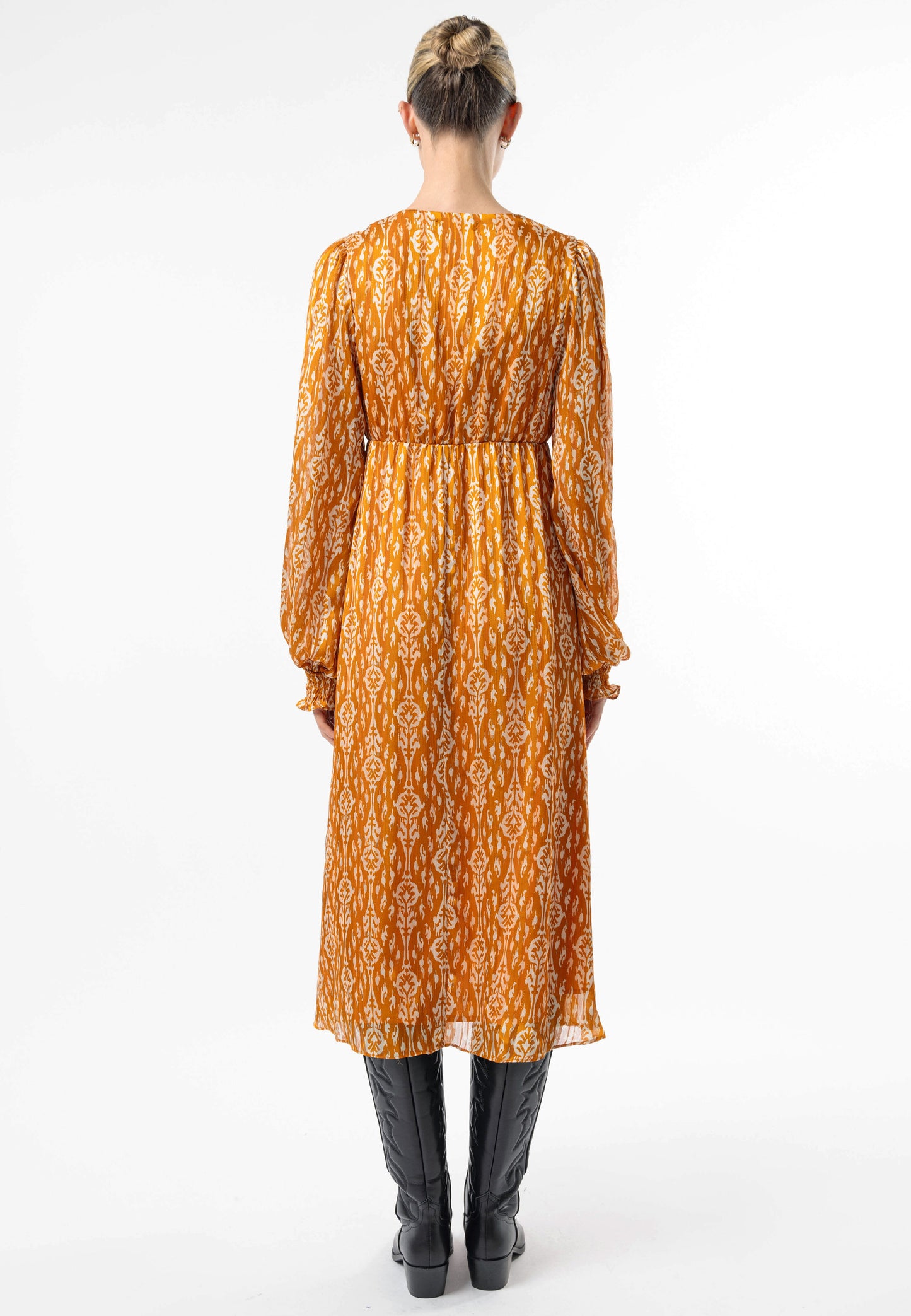 V-Neck Long Sleeve Midi Dress in Orange Print