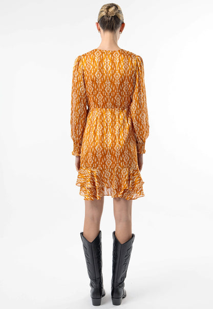 Long Sleeve Ruffle Hem Mini Wrap Dress in Orange Print - ANGELEYE