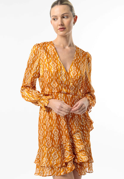 Long Sleeve Ruffle Hem Mini Wrap Dress in Orange Print - ANGELEYE