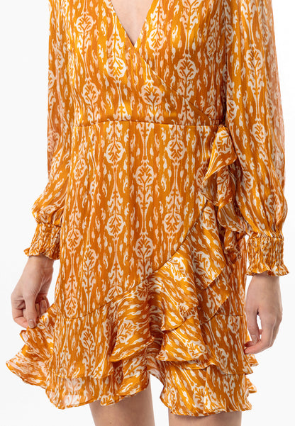 Long Sleeve Ruffle Hem Mini Wrap Dress in Orange Print - ANGELEYE