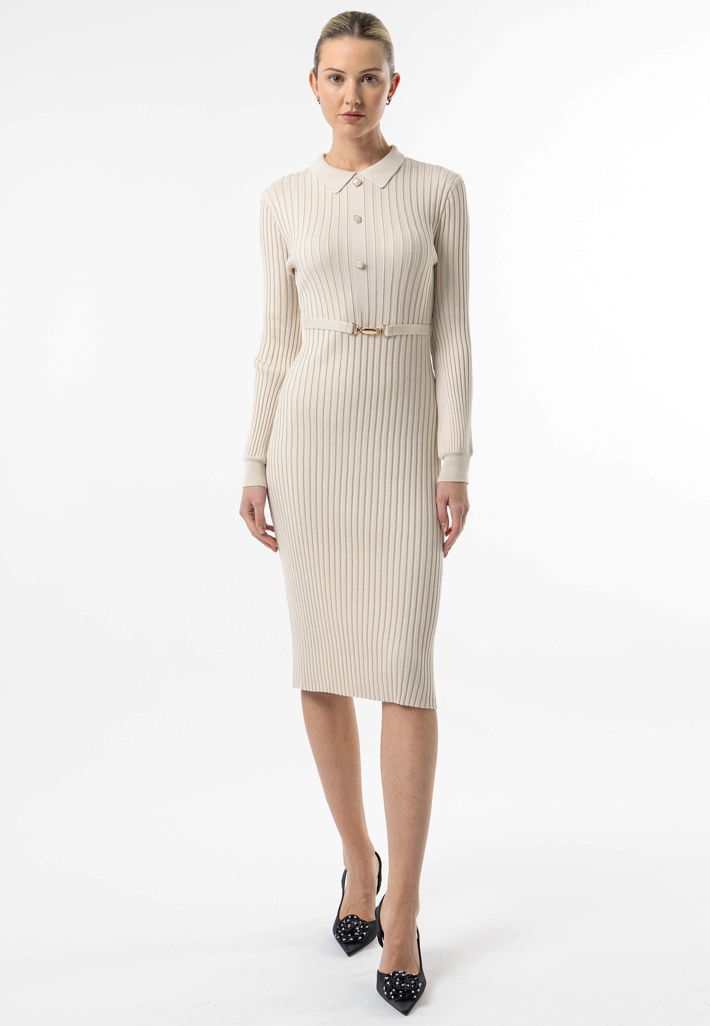 Cream Long Sleeve Knit Shirt Dress with Belt