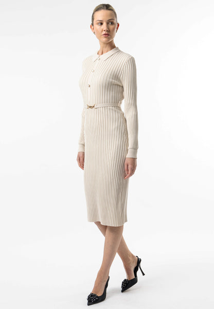 Cream Long Sleeve Knit Shirt Dress with Belt - ANGELEYE