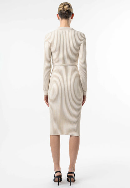 Cream Long Sleeve Knit Shirt Dress with Belt - ANGELEYE