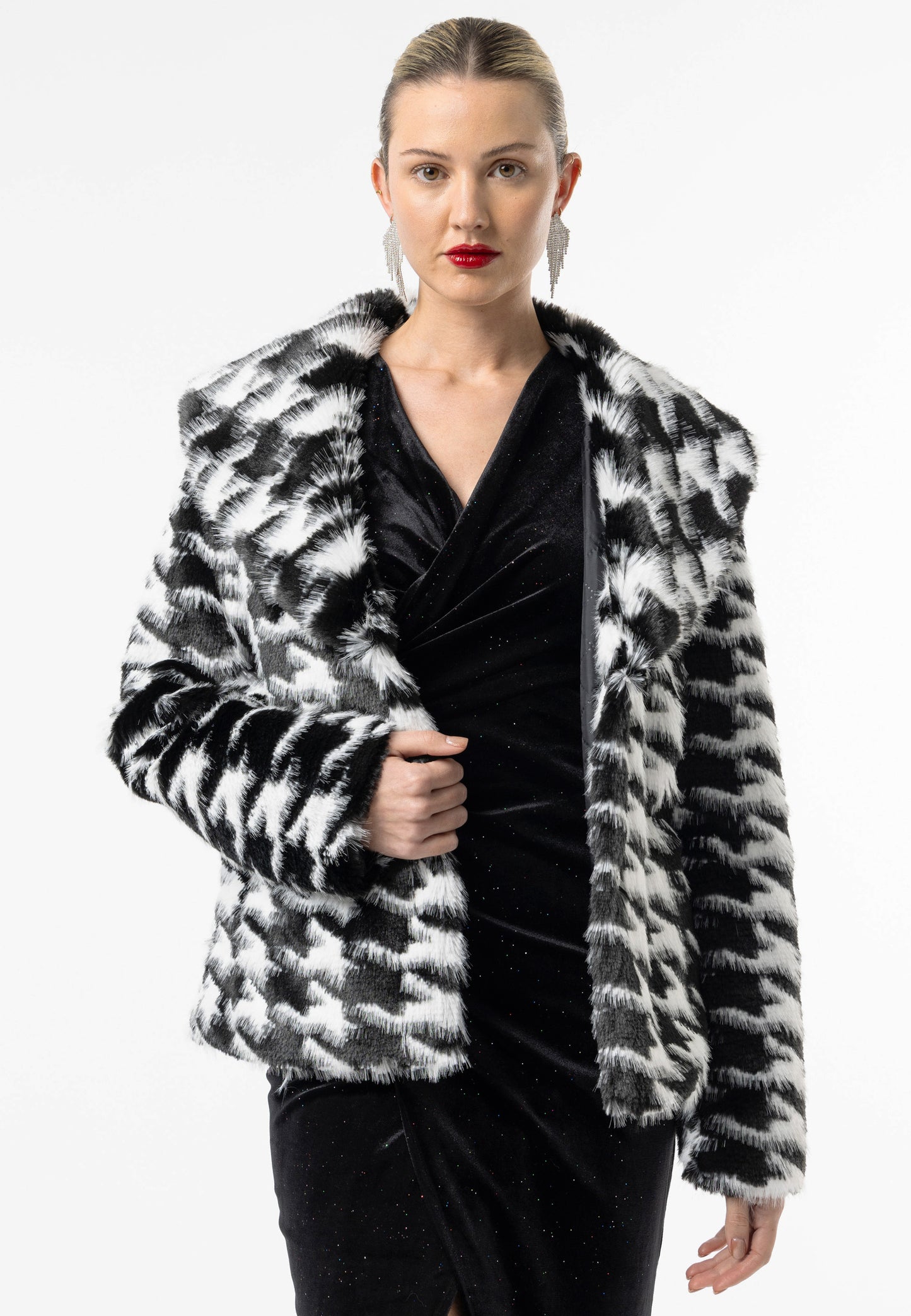 Houndstooth Faux Fur Coat