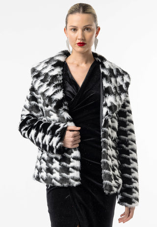 Houndstooth Faux Fur Coat - ANGELEYE