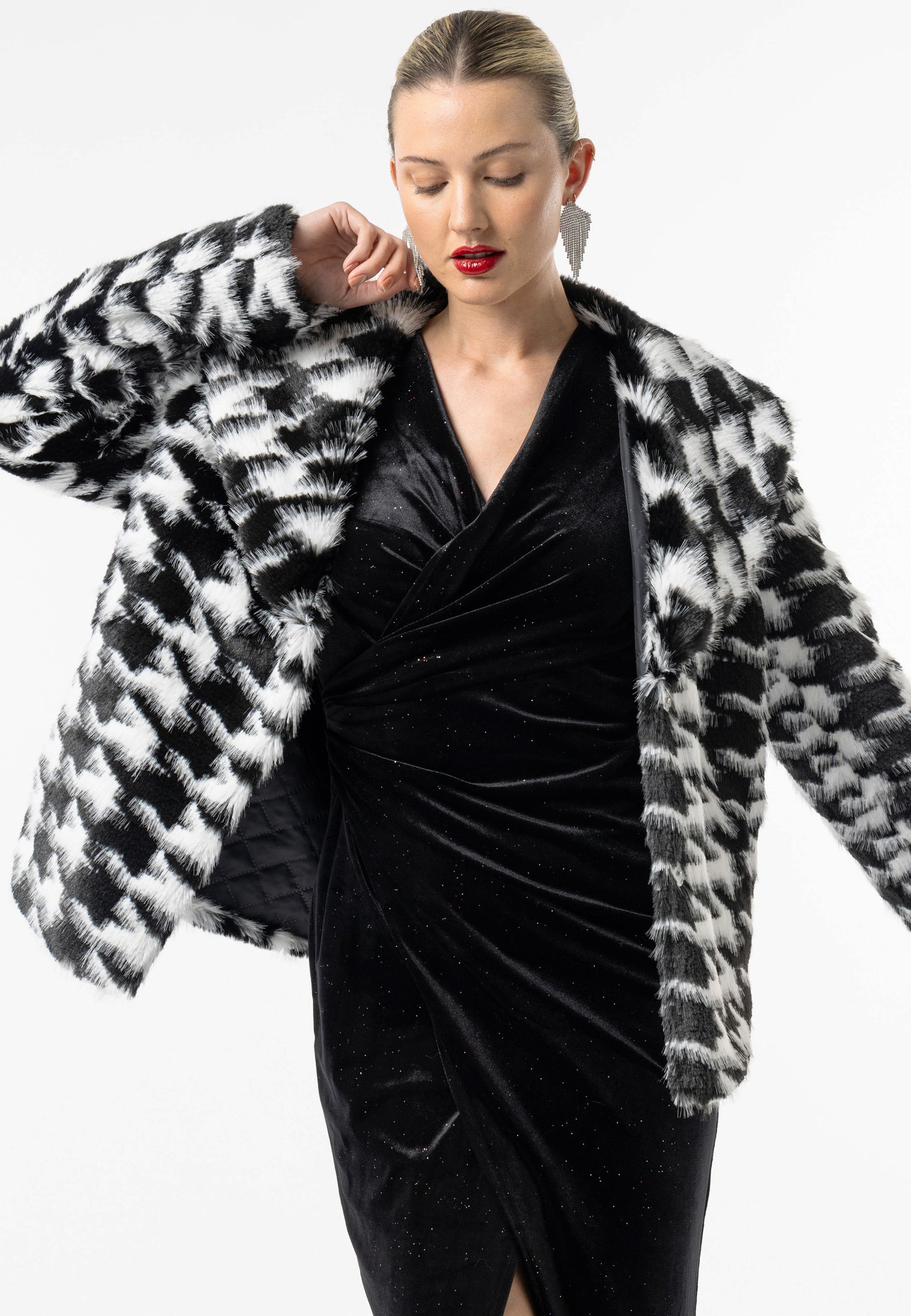 Houndstooth Faux Fur Coat