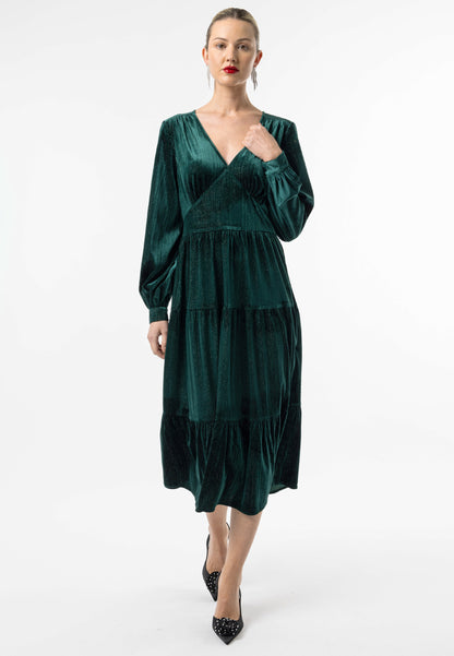 Velvet Gold Lurex Thread Midi Dress in Emerald Green - ANGELEYE