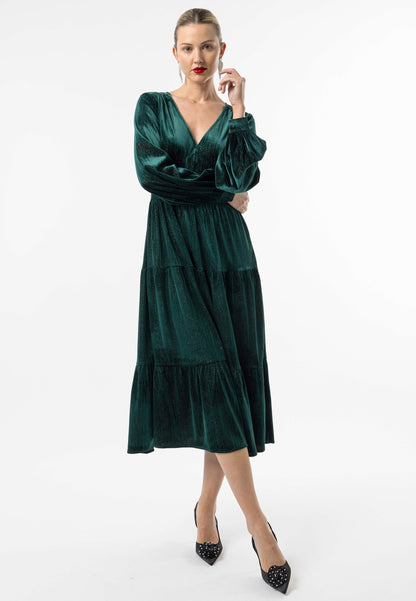 Velvet Gold Lurex Thread Midi Dress in Emerald Green - ANGELEYE