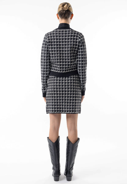 Checkered Knit Cardigan and Skirt Co-Ord Set in Black & White