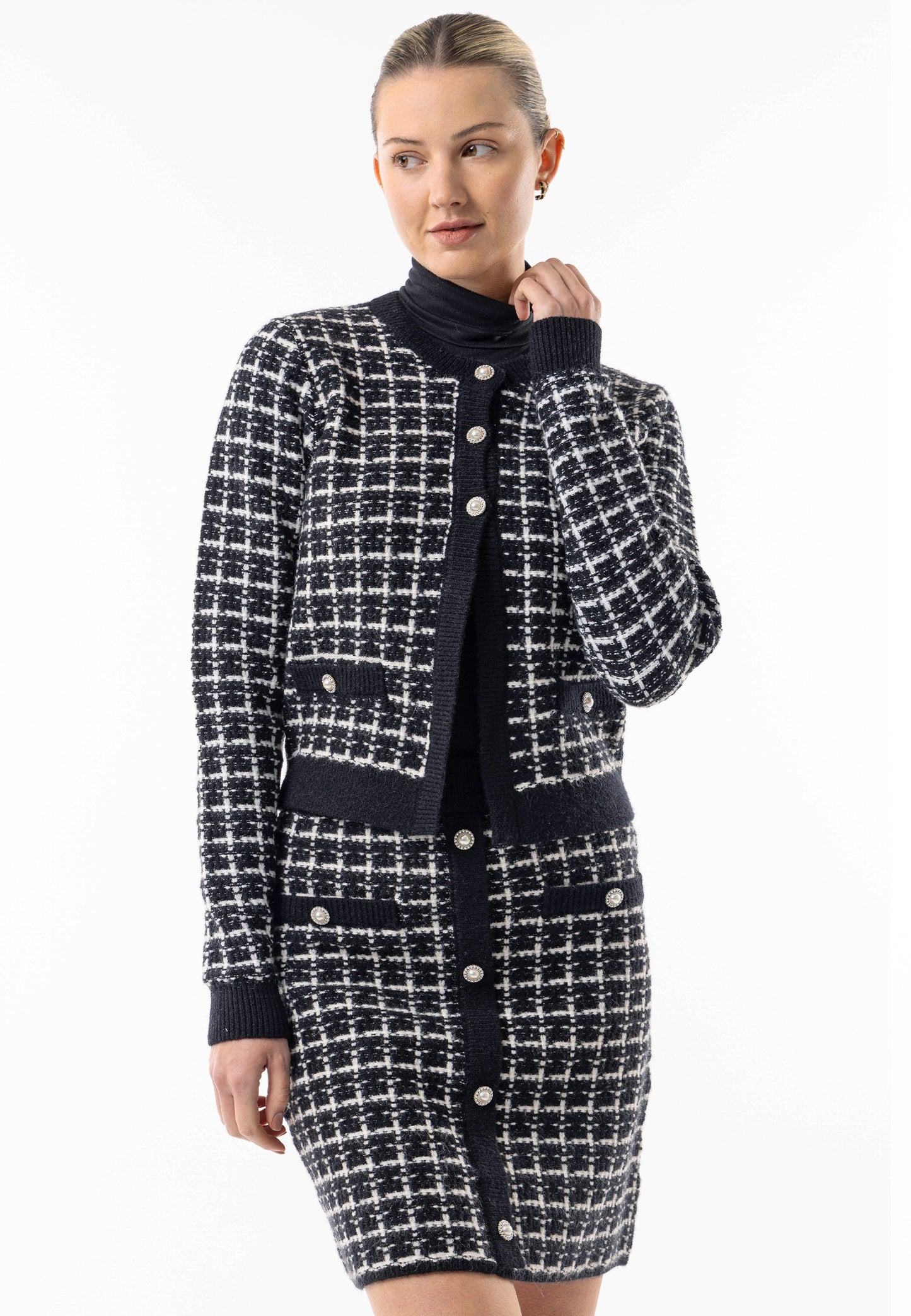 Checkered Knit Cardigan and Skirt Co-Ord Set in Black & White