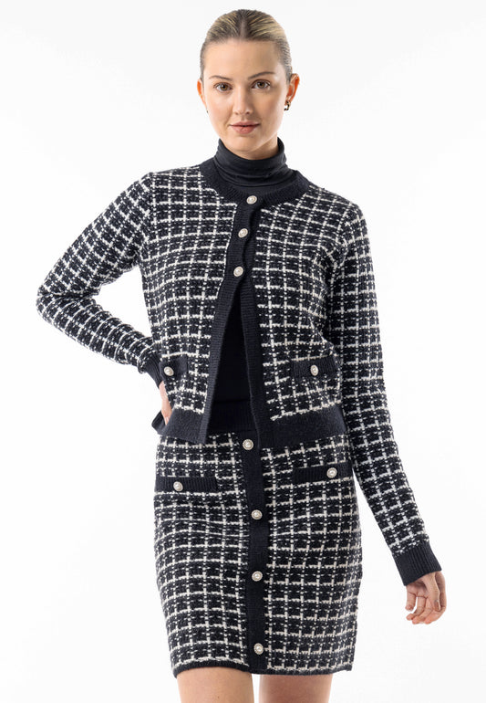 Checkered Knit Cardigan and Skirt Co-Ord Set in Black & White - ANGELEYE