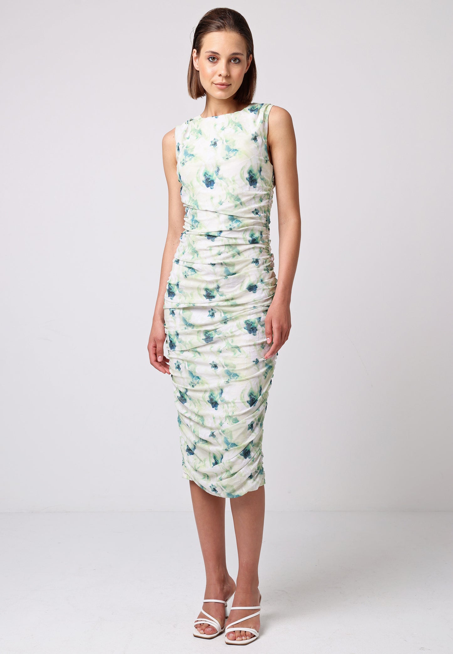 Sleeveless Ruched Side Midi Dress in Green Floral Burnout Print