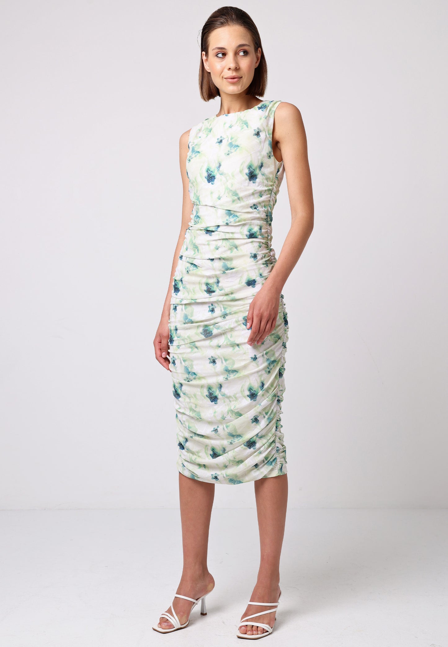 Sleeveless Ruched Side Midi Dress in Green Floral Burnout Print