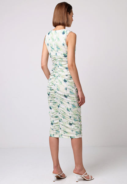 Sleeveless Ruched Side Midi Dress in Green Floral Burnout Print