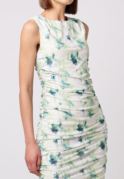 Sleeveless Ruched Side Midi Dress in Green Floral Burnout Print