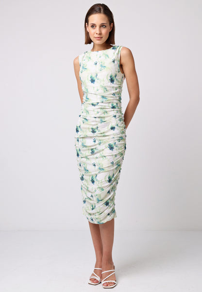 Sleeveless Ruched Side Midi Dress in Green Floral Burnout Print