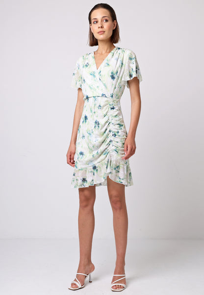 Wrap Ruched Mini Dress with Ruffle Hem in Green Floral Burnout Print