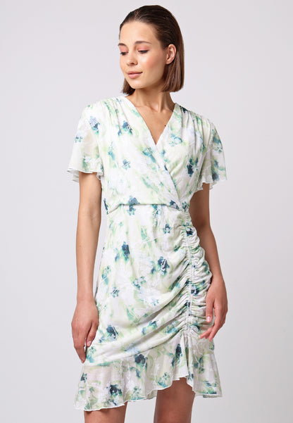 Wrap Ruched Mini Dress with Ruffle Hem in Green Floral Burnout Print