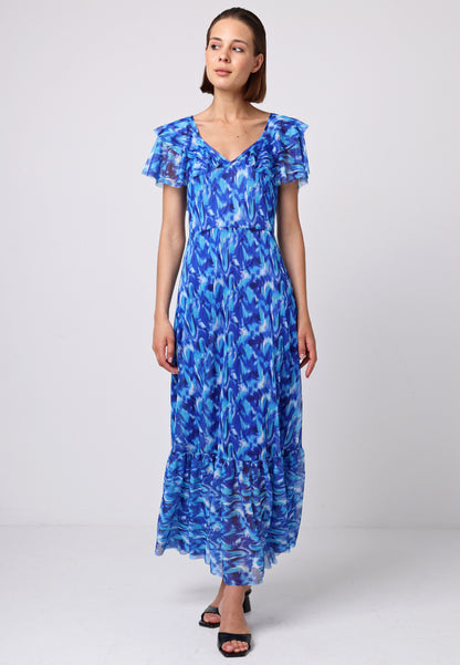 Flutter Sleeve Maxi Dress with Tie Back in Blue Print