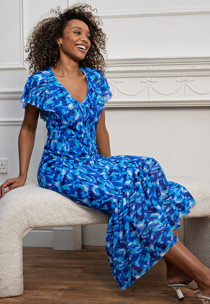 Flutter Sleeve Maxi Dress with Tie Back in Blue Print