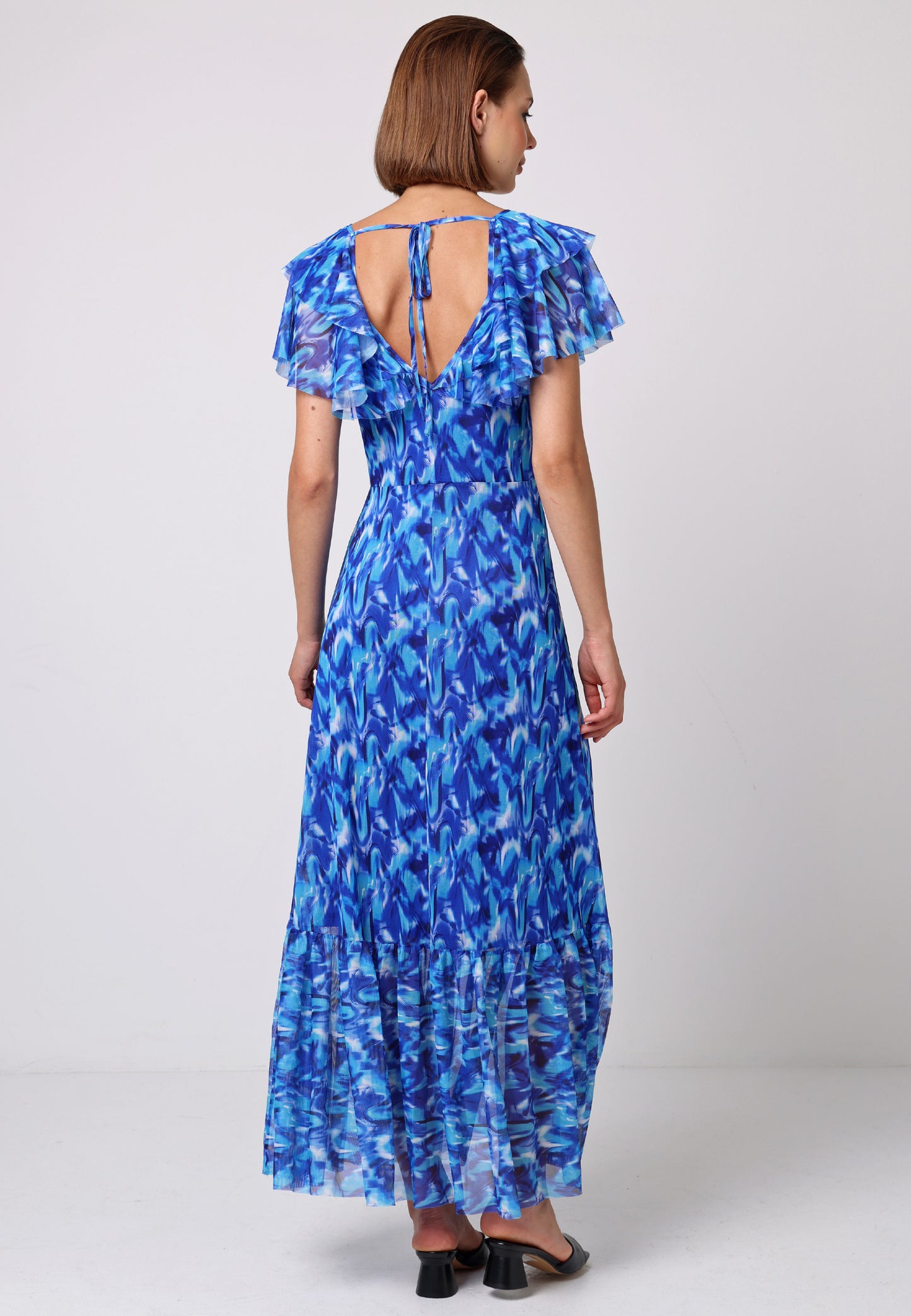 Flutter Sleeve Maxi Dress with Tie Back in Blue Print