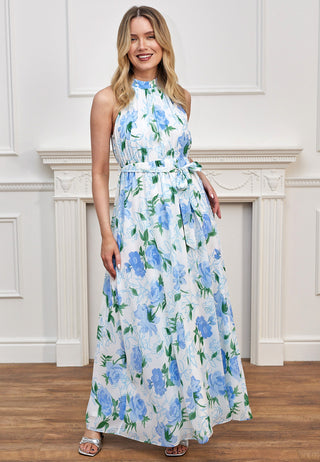 Chiffon Halter Neck Maxi Dress in Blue Floral
