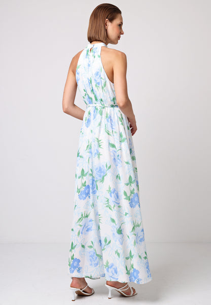 Chiffon Halter Neck Maxi Dress with Tie Waist in White Blue Floral