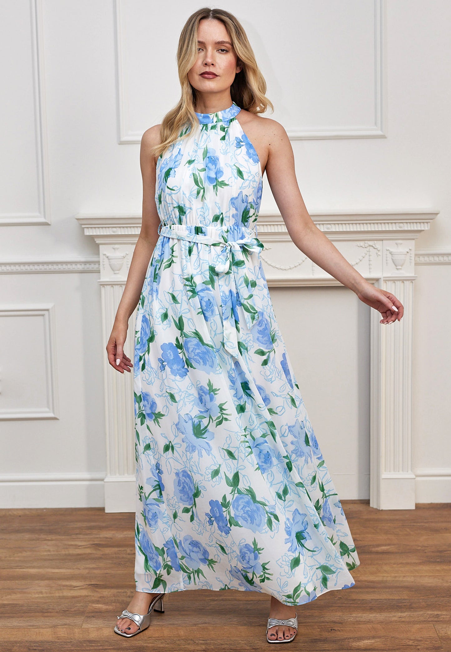 Chiffon Halter Neck Maxi Dress with Tie Waist in White Blue Floral