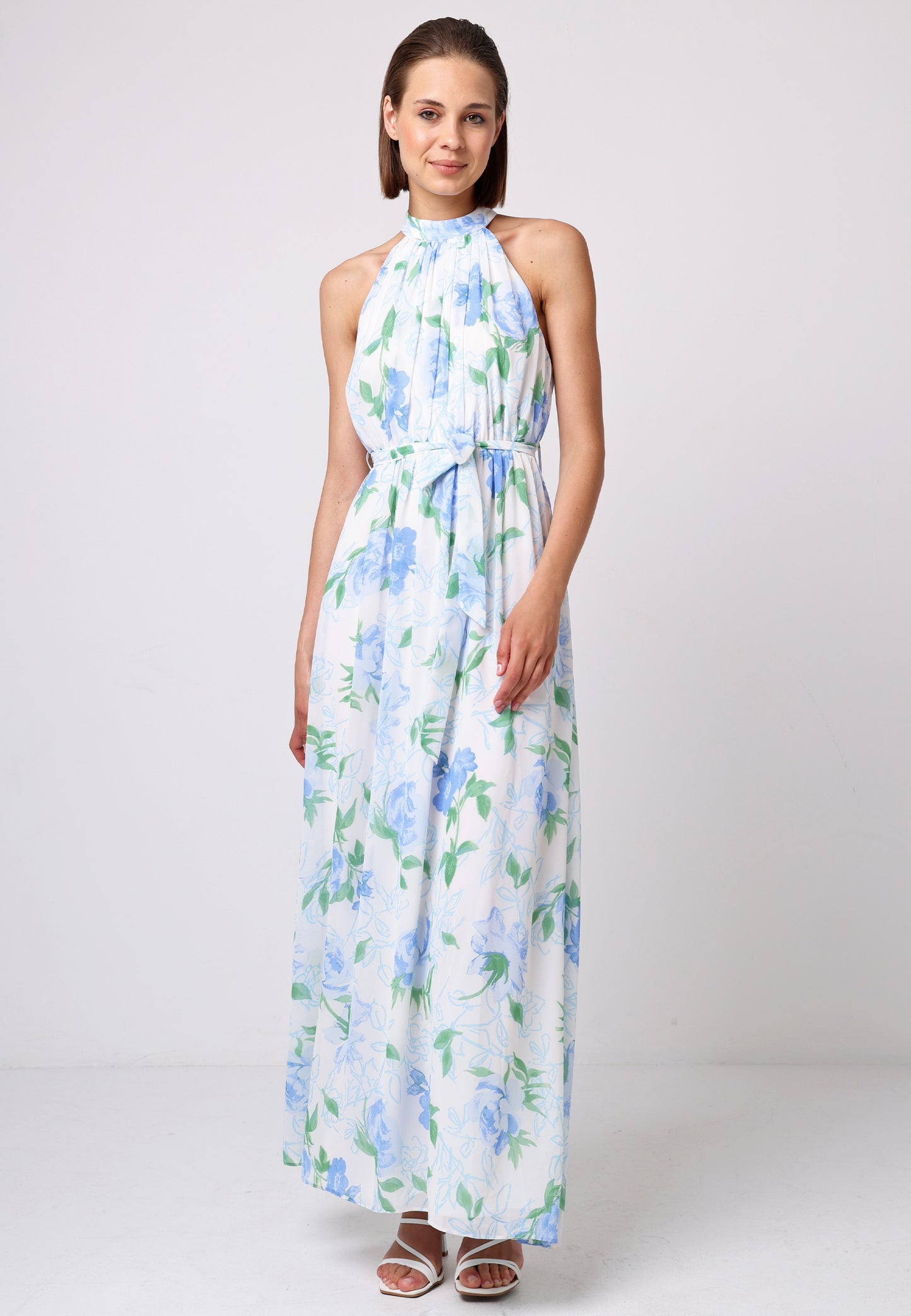 Chiffon Halter Neck Maxi Dress with Tie Waist in White Blue Floral