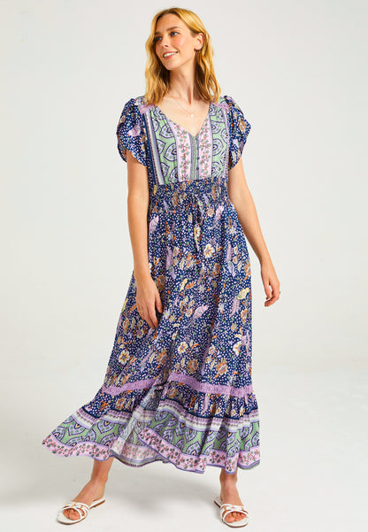 Floral Summer Maxi Dress with Elasticated Waist in Navy - ANGELEYE