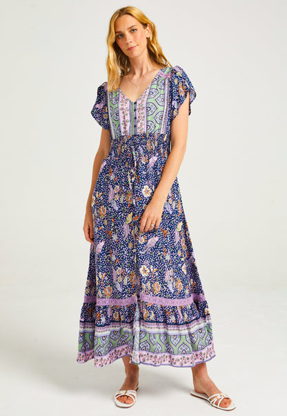 Floral Summer Maxi Dress with Elasticated Waist in Navy - ANGELEYE