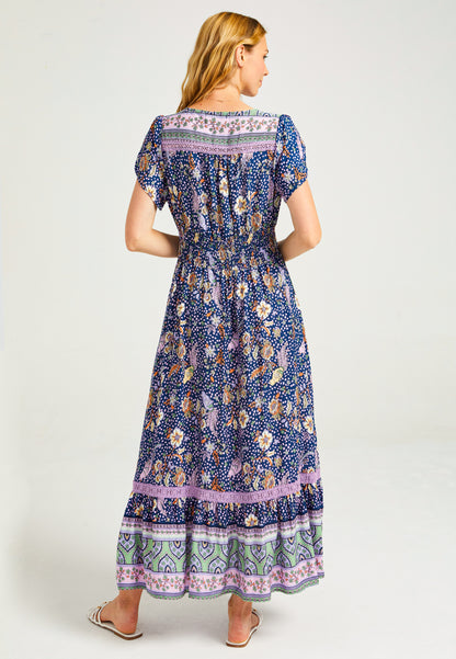 Floral Summer Maxi Dress with Elasticated Waist in Navy - ANGELEYE